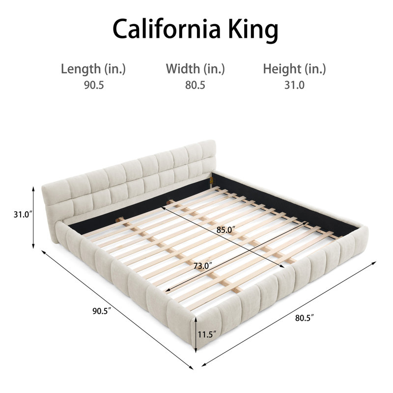 Chenille Upholstered Bed Frame With Headboard, Beige, California King