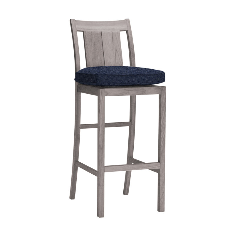 Croquet 30" Patio Bar Stool with Cushion, Oyster Teak, Welt, Natural White