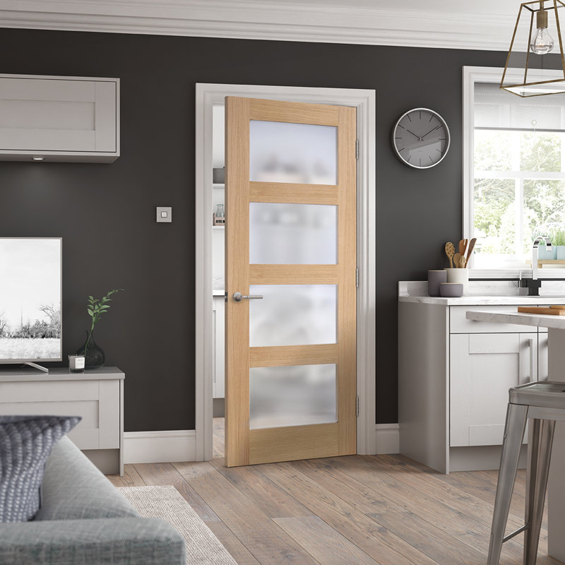 Shaker 4L Clear Glazed Prefinished Oak Internal Door, 198.1cm H x 61cm W x 3.5cm D