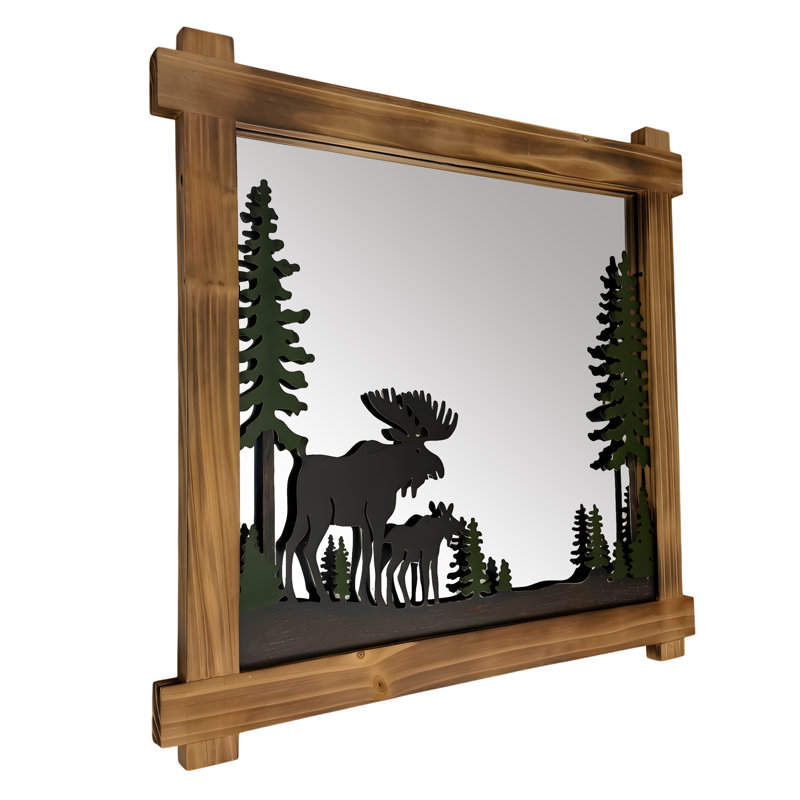 Miroir mural rustique en bois brun, verre et métal, orné d'un motif d'élan et de pins peints, 66 cm de large