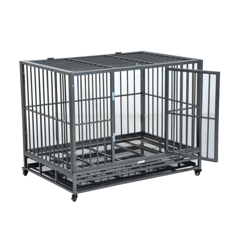 Gray Medium Rolling Steel Dog Crate with Wheels