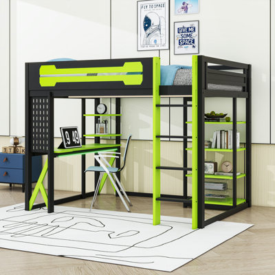 Lit mezzanine double en bois avec bureau intégré, éclairage RVB et tablettes de rangement