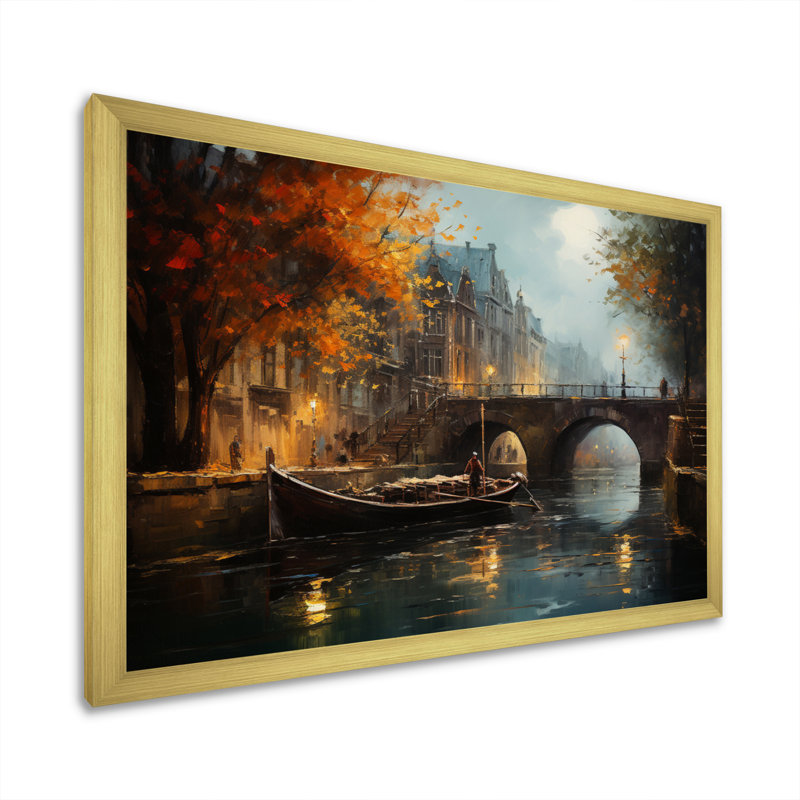 Beige canal atmosphère - imprimé, Encadrement doré, H 34 po x l 44 po x P 1,5 po