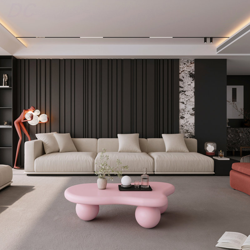 40 Inch Cloud Shaped Coffee Table, Low Coffee Table With 3 Ball Legs For Living Room, Pink, Table