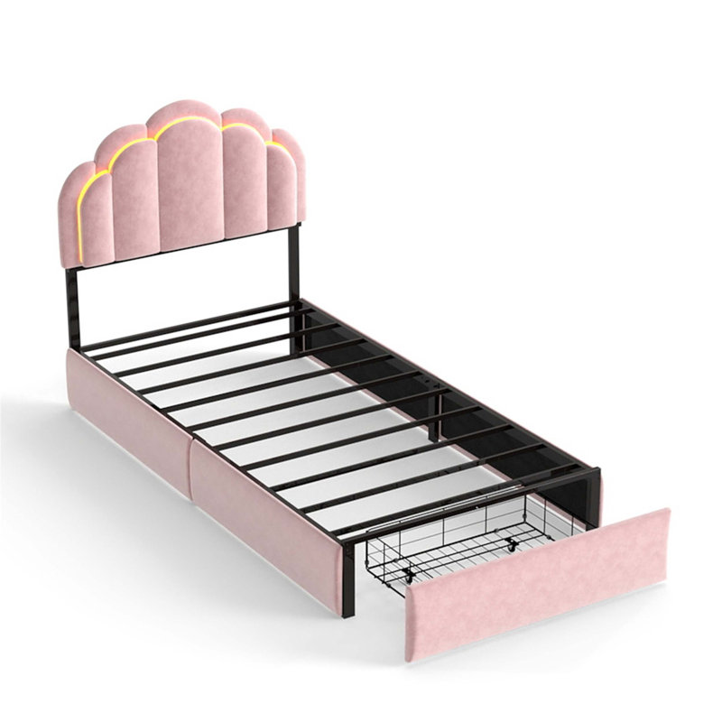 Lit plateforme tapissier à DEL RVB avec tête de lit capitonnée et tiroirs de rangement sous le lit pour les chambres à coucher modernes.