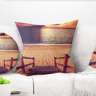 Wood Boardwalk in Beach at Evening - Pier & Bridge Printed Pillow