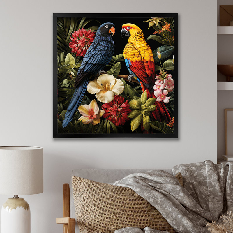 Perroquets tropicaux bleus - art mural perroquet, H 30 po x l 30 po, Noir