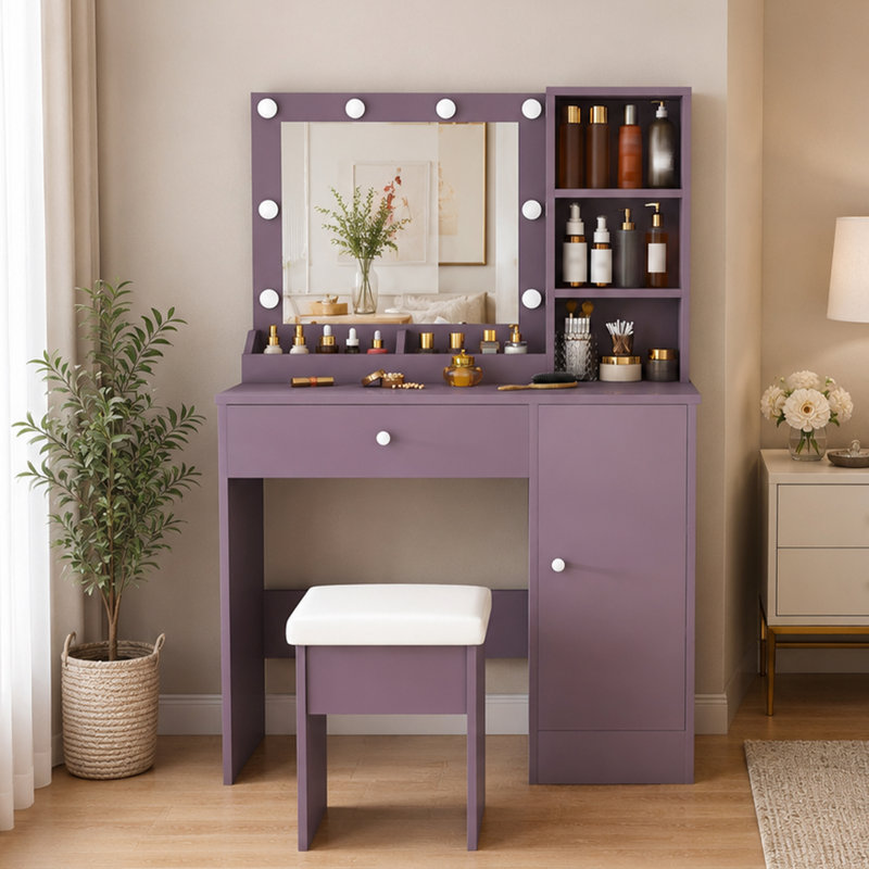 Makeup Vanity with Bulb LED Mirror and Stool Storage Dressing Table for Bedroom