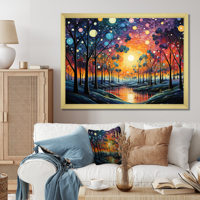 Collage d'arbres colorés IV sur toile, H 12 po x l 20 po x P 1 po, Encadrement doré