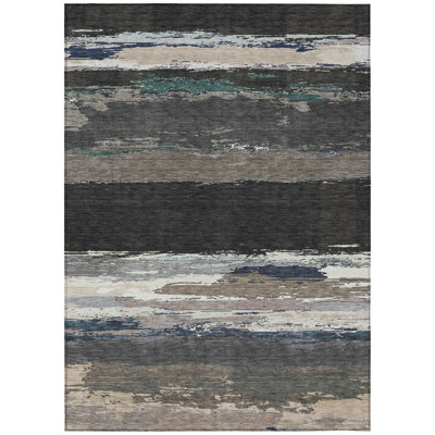 5' X 8' Black Abstract Washable Indoor Outdoor Area Rug