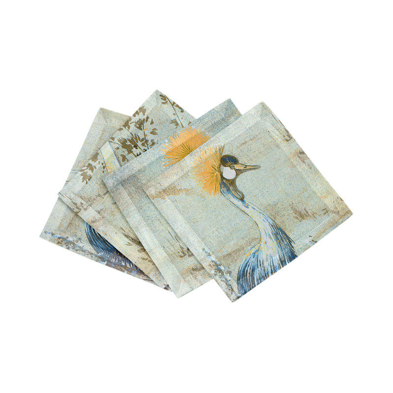 Crested Crane Cotton Sateen Cocktail Napkins, Wheat blue