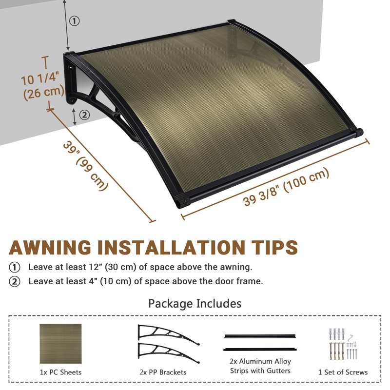 Yescom Outdoor Awning Patio Window Door Canopy Cover UV Protection Hollow Sheet, Black, 10.2" H x 40.6" W x 38.6" D