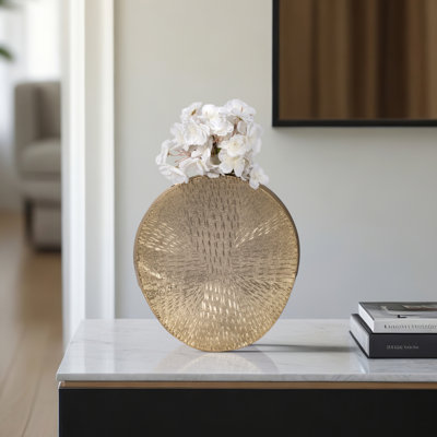 Glam Sculptural Metal Aluminum Vase with Etched Textured Surface and Unique Artistic Form for Contemporary Decorative Accent.