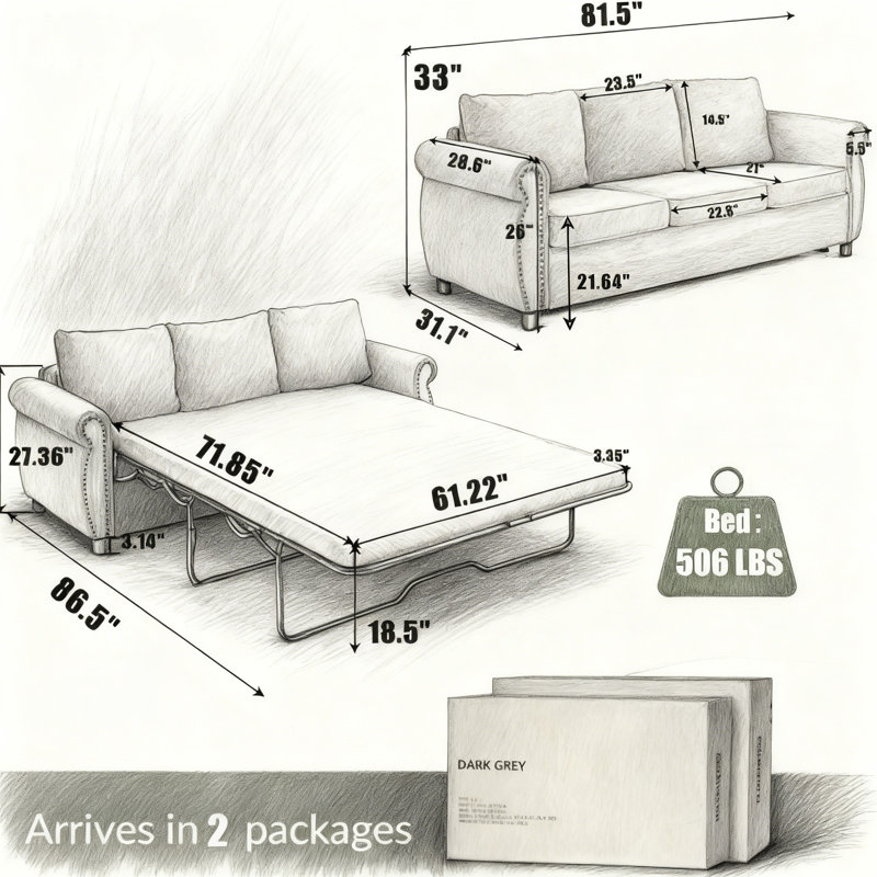 81.5" 2-In-1 Queen Convertible Sleeper Sofa Bed, Pull-Out Couch With 3.35" Memory Foam Mattress, 3-Seater Sofa Bed, Brown