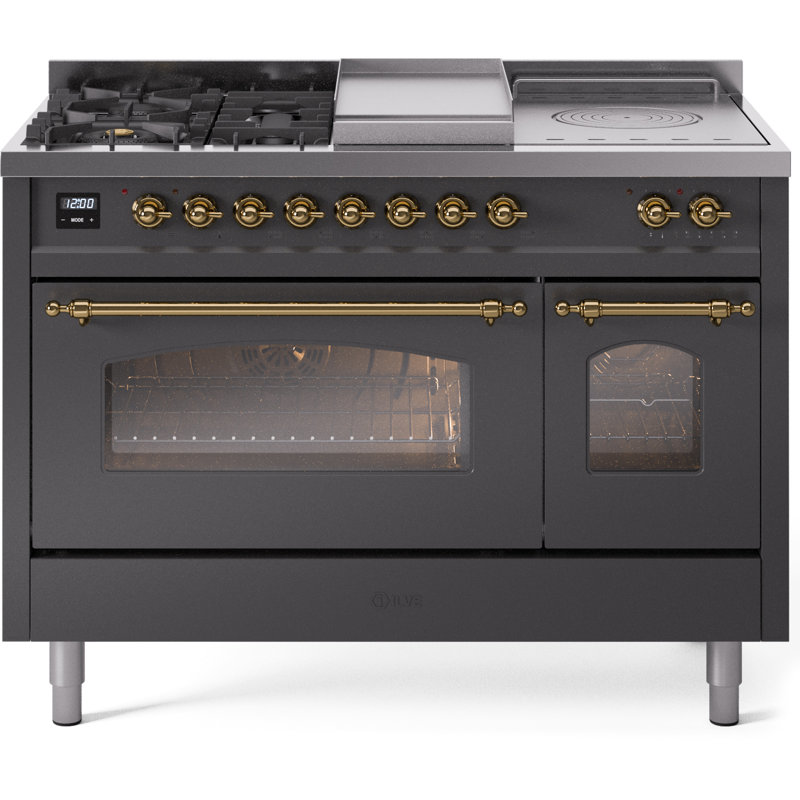 ILVE Nostalgie II 48 Dual Fuel Range, Liquid Propane, Burgundy/Brass