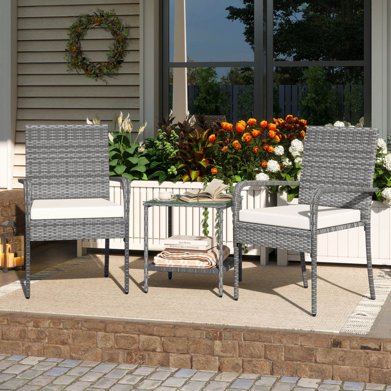 Ensemble de 3 meubles de patio avec coussins de siège et plateau de table en verre trempé gris et blanc, Blanc