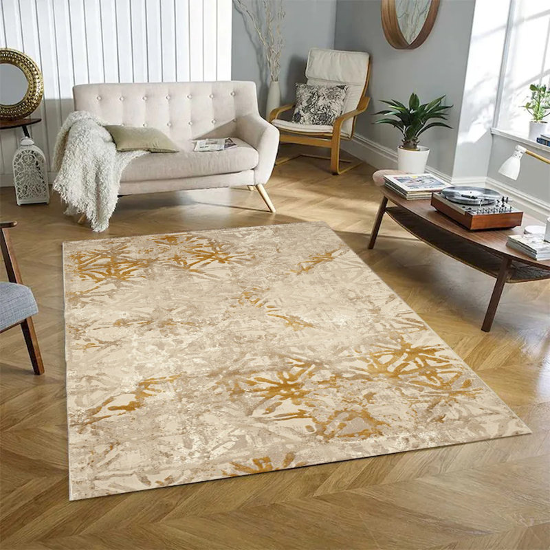 Tapis jaune en polypropylène texturé crème Aria, Rectangle 8 pi x 5 pi