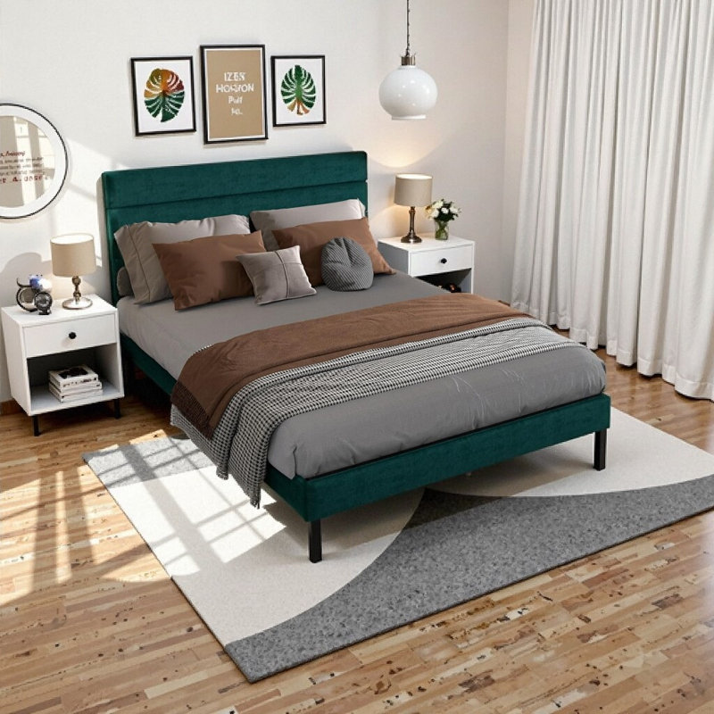 Structure de lit tapissier en velours pour grand lit avec tête de lit, rangement sous le lit de 14 po, aucun sommier tapissier requis - lit plateforme moderne en métal