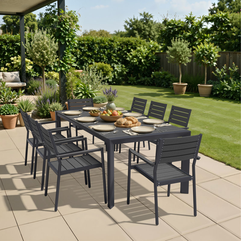 84’‘ L Rectangular Outdoor Dining Table with Umbrella Hole and Aluminum Frame  , Black, 29.4" H x 83.85" W x 38.97" D