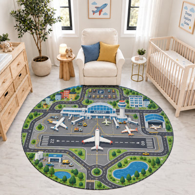 Tapis rond « ultra-fin » 183 x 183 cm, motif d'avions et piste d'aéroport, tapis d'intérieur doux à poils courts avec envers antidérapant en silicone, idéal pour la chambre d'enfant, la chambre de bébé ou la salle de jeux.