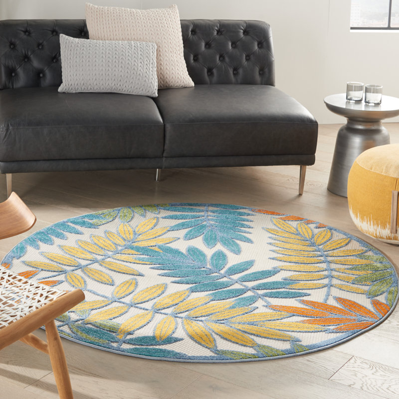 Leonhardt Floral Green/Blue/Yellow/Orange Indoor/Outdoor Area Rug, Round 5'3"