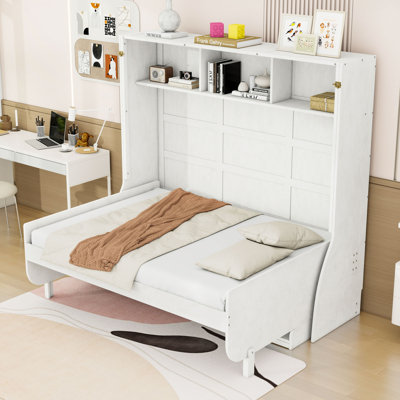 Lit escamotable double avec bureau et tablettes de rangement