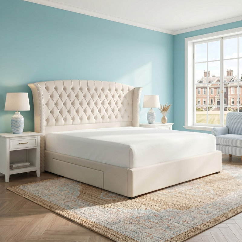 Button Tufted Wingback Velvet Upholstered Platform Bed with Storage Drawers, King, Cream Velvet, King, Cream