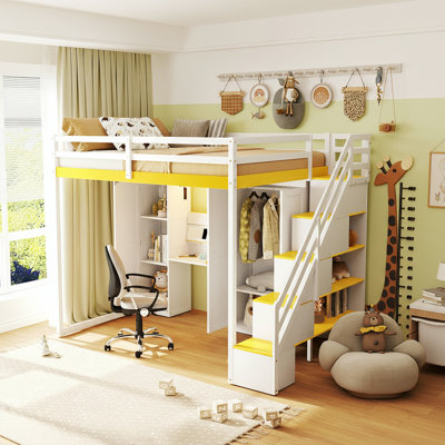 Lit mezzanine pour enfants pleine grandeur avec escalier de rangement, armoire et armoires, bureau intégré avec miroir, ports USB et lumières DEL
