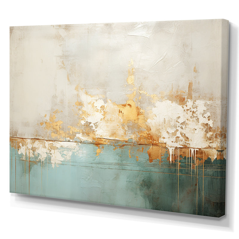Minimalisme doré et bleu sarcelle horizon I - peinture abstraite, art mural, Toile tendue, H 16 po x l 32 po x P 1 po