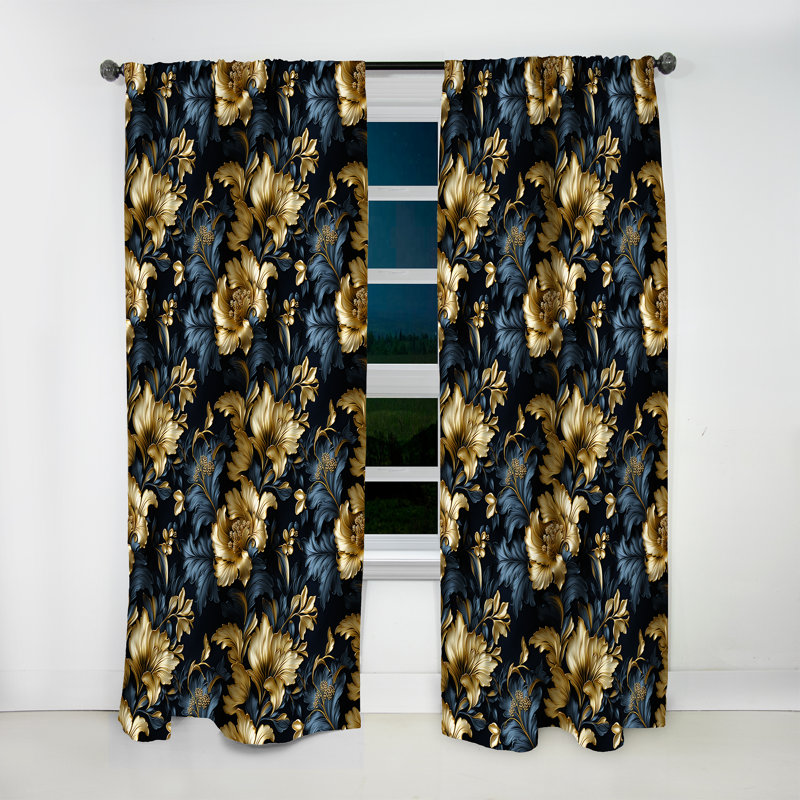Dark Blue And Golden Gilded Damask Glamour I - Bohemian Velvet Curtain - Room Darkening - 1 Panel, 52" W x 120" L