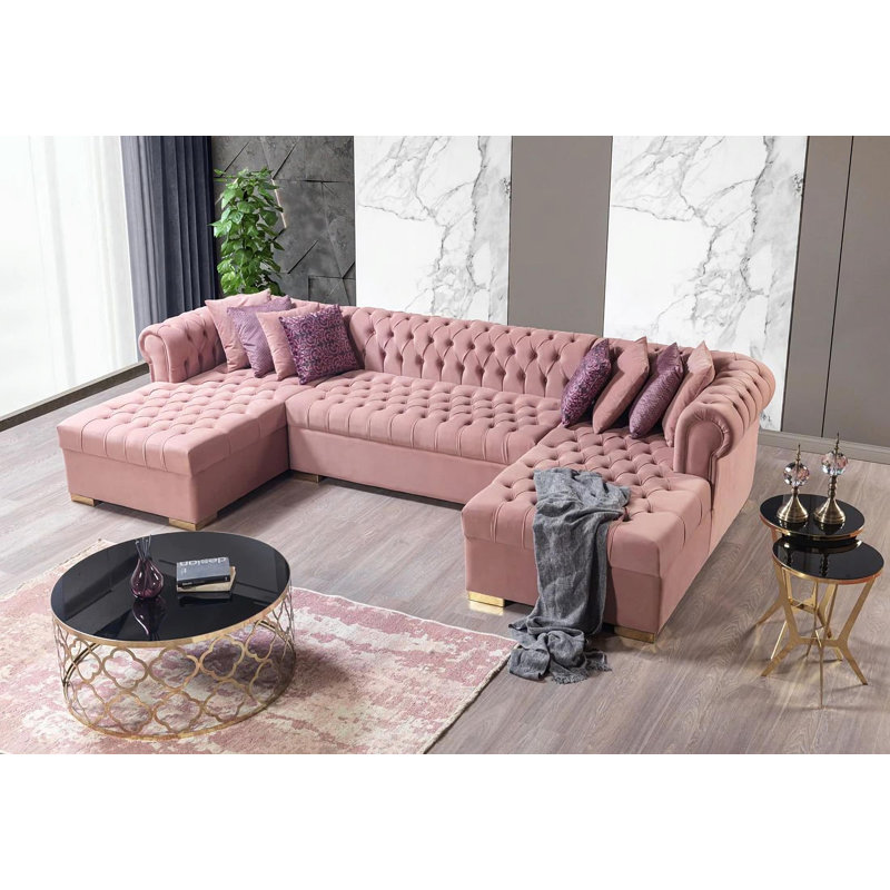 Canapé modulaire en velours rose Lorena, Velours rose