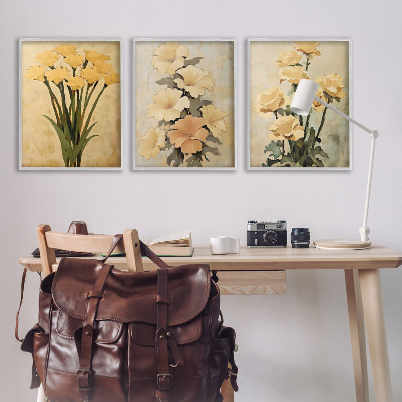 «Vintage Yellow Daffodils & Roses», ensemble de 3 giclées encadrées par Franklyn Gregory, H 30 po x l 72 po