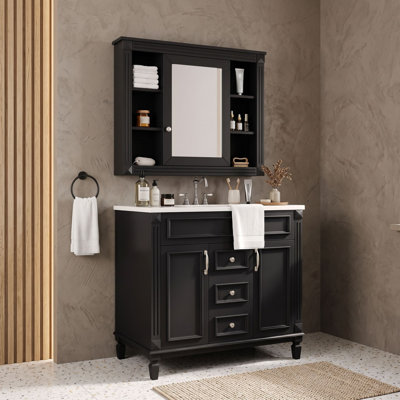 Ensemble de meuble-lavabo avec lavabo en céramique, armoire à pharmacie, 2 tiroirs et tablettes