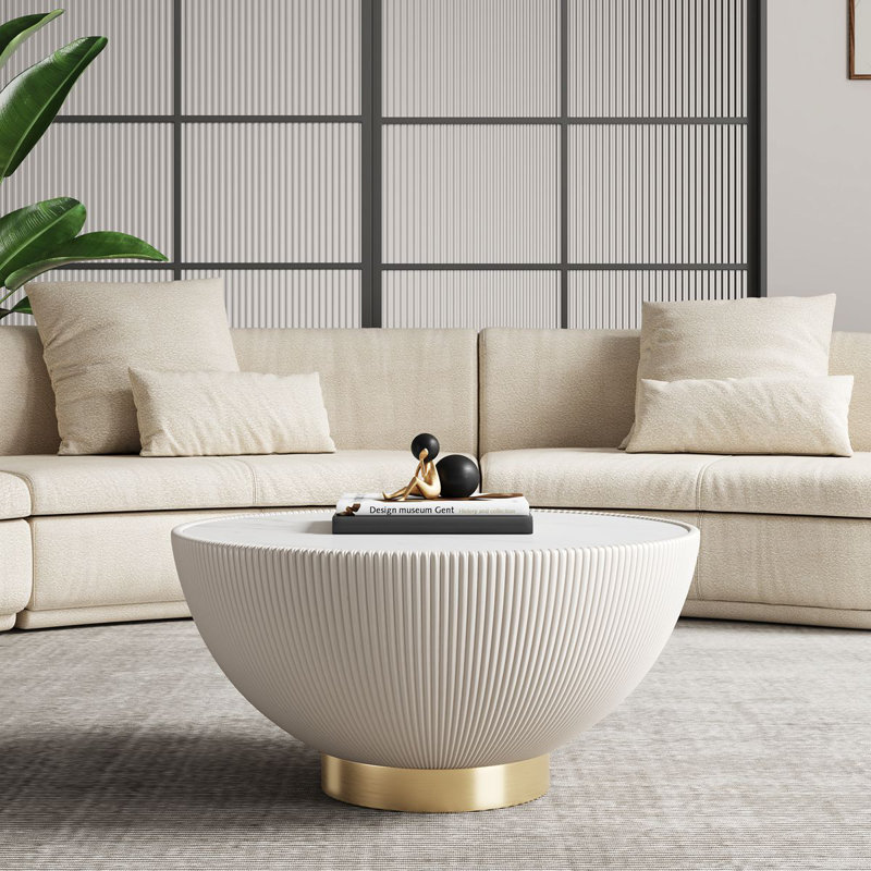 Anderson 28" Modern Vegan Leather Upholstered Stainless Steel Coffee Table with Sintered Stone Top in Cream, Cream
