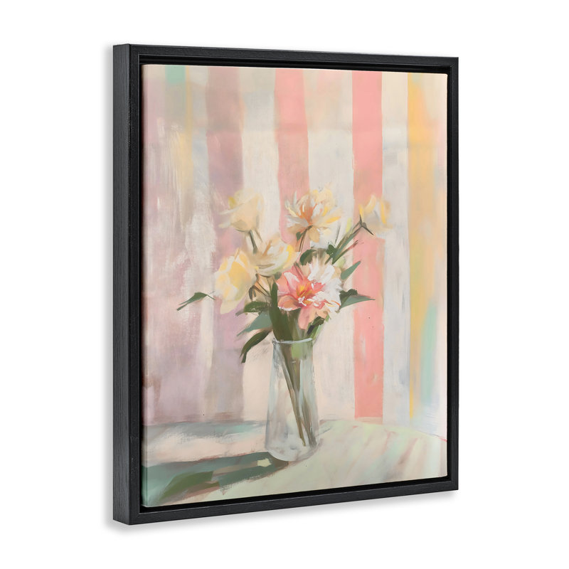 Cadre flottant pastel à motif floral rayé, design par Arlington Prints, Cadre flottant noir de jais, H 21 po x l 17 po