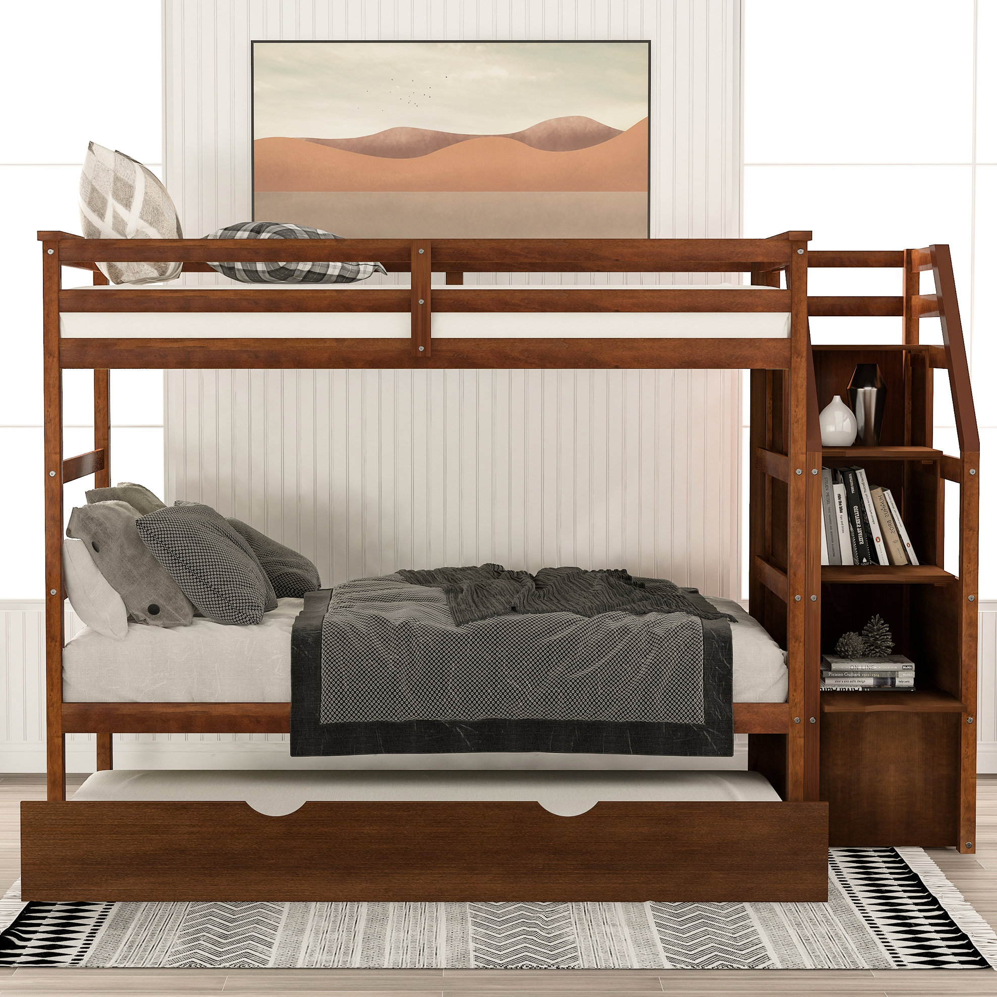 Latitude Run® Solid Walnut Twintwin Bunk Bed With Trundle And Storage ...