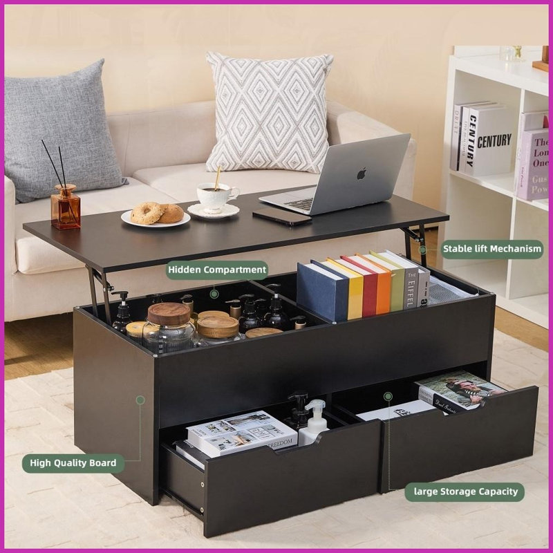 Table basse de salon avec rangement caché & amp; 2 tiroirs, peu encombrants Confortable