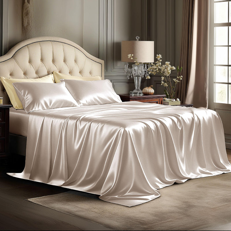 Bedsure Satin Sheet Set King Size - 4 Piece Silky Bedsheets with Elastic Straps & 15" Pocket (King, Beige), King, Oat Milk
