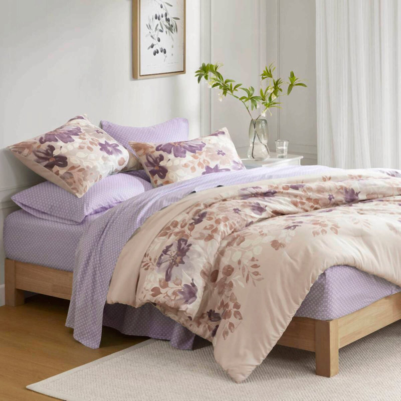 Ensemble de couette et draps imprimés à motifs floraux en polyester, taupe, format California King, Taupe
