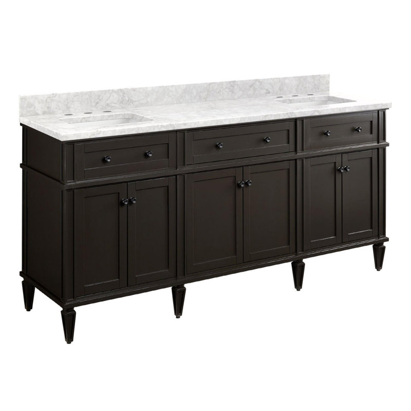 Elmdale 72" Freestanding Mahogany Double Basin Vanity Rectangular Undermount Sink - 8" Faucet Holes, Carrara Marble