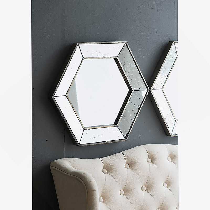 Miroir mural hexagonal 21 "x 18" avec finition argentée traditionnelle, miroir décoratif pour le salon, l'entrée, la chambre à coucher