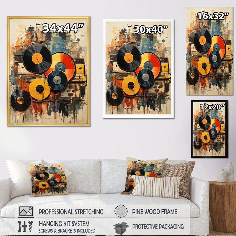 Vinyle, disque vinyle rétro I - impression sur toile, disques vinyle, Toile tendue, H 32 po x l 16 po x P 1 po