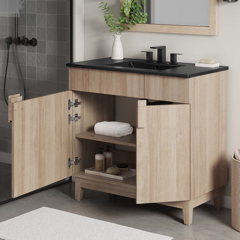 Meuble-lavabo sur pied simple 36 po avec plateau en céramique Modway Miles, Noir, Chêne
