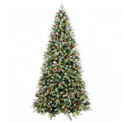 6FT Christmas Tree with 350 Warm White LED Lights, 1593 Snow-Tipped PE+PVC Branches, Red Berries Pine Cones, Hinged Design, Stable Metal Stand