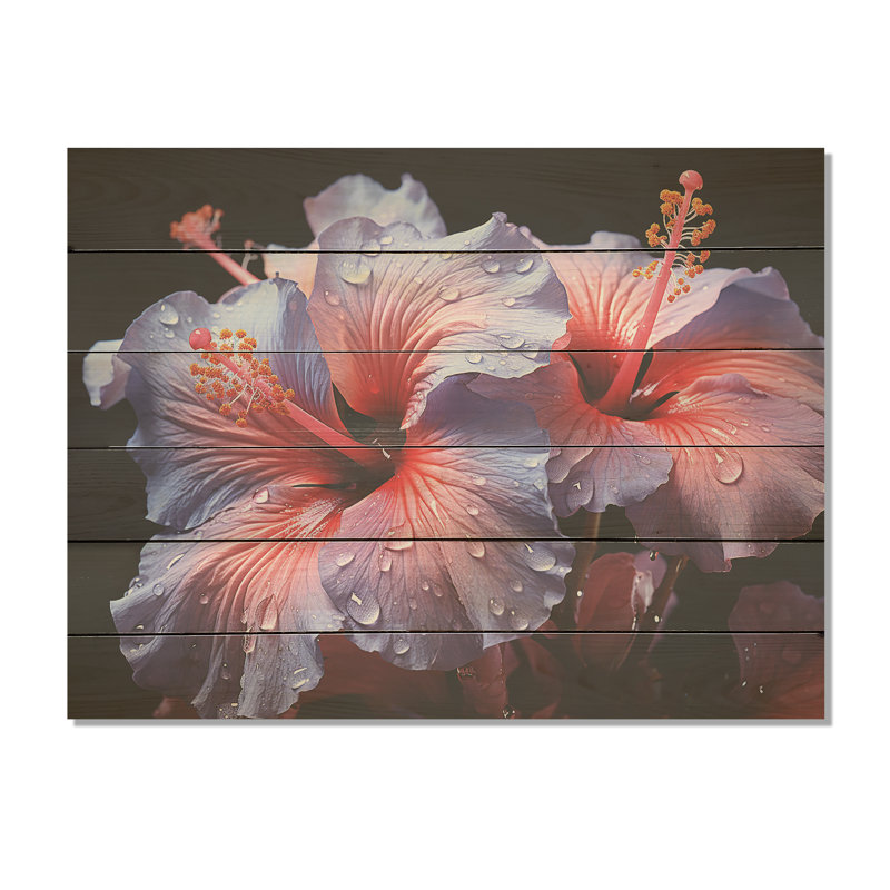 Hibiscus mauve moderne en fleurs - Hibiscus, art mural sur bois de pin naturel, H 24 po x l 32 po
