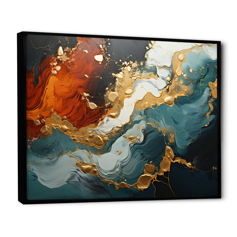 Tempête de marbre bleu et doré I - art mural abstrait, Cadre flottant noir, H 34 po x l 44 po x P 1,5 po