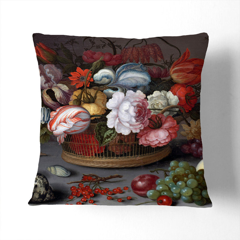 Still Life With Flowers And Shells Vol.2 Square Throw Cushion, 55cm H x 55cm W x 20cm D, Black