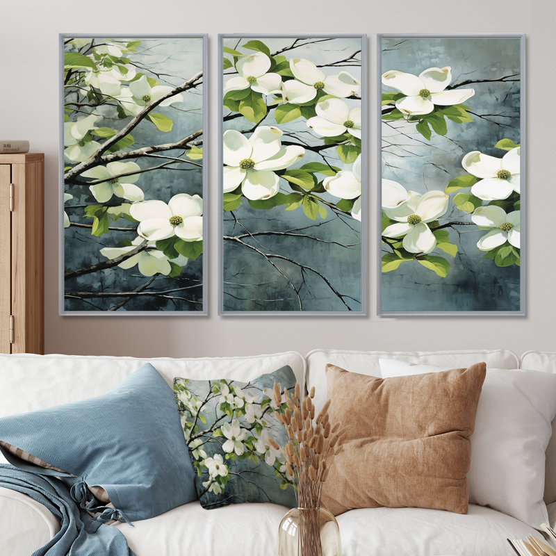 Dogwood Demeanor - Ensemble de décorations murales Dogwood, H 28 po x l 36 po x P 1 po, Cadre argenté flottant