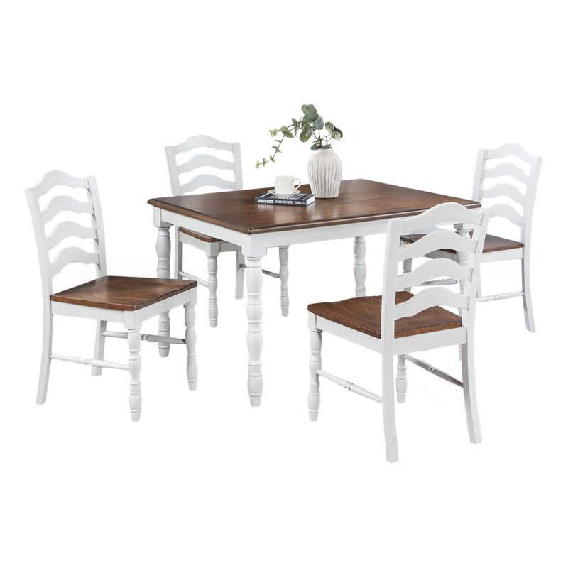 White 5-Pcs Dining Set Dining Table Chairs Unique Legs Natural Wood Grain Look Top Kitchen Table