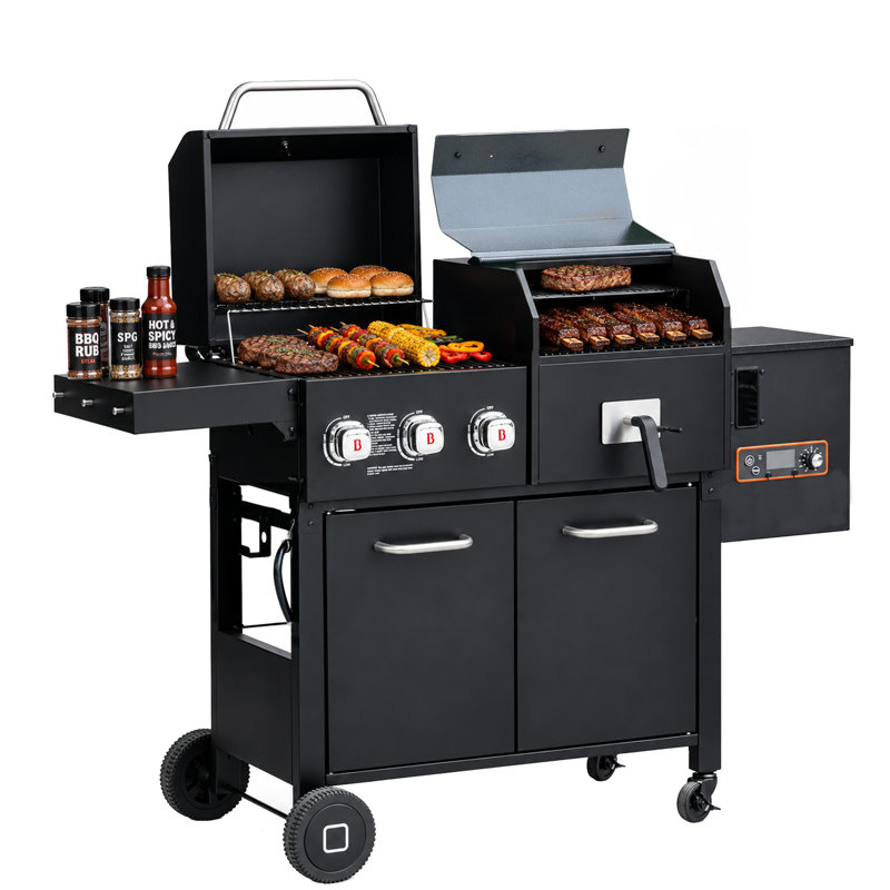 Flintex Gas & Wood Pellet Grill Smoker Combo with Griddle, 709 sq. in. Total Cooking Area, 3 Propane Burner 24,000 BTU, Digital Temp Control, Side Shelf, Rolling Cart